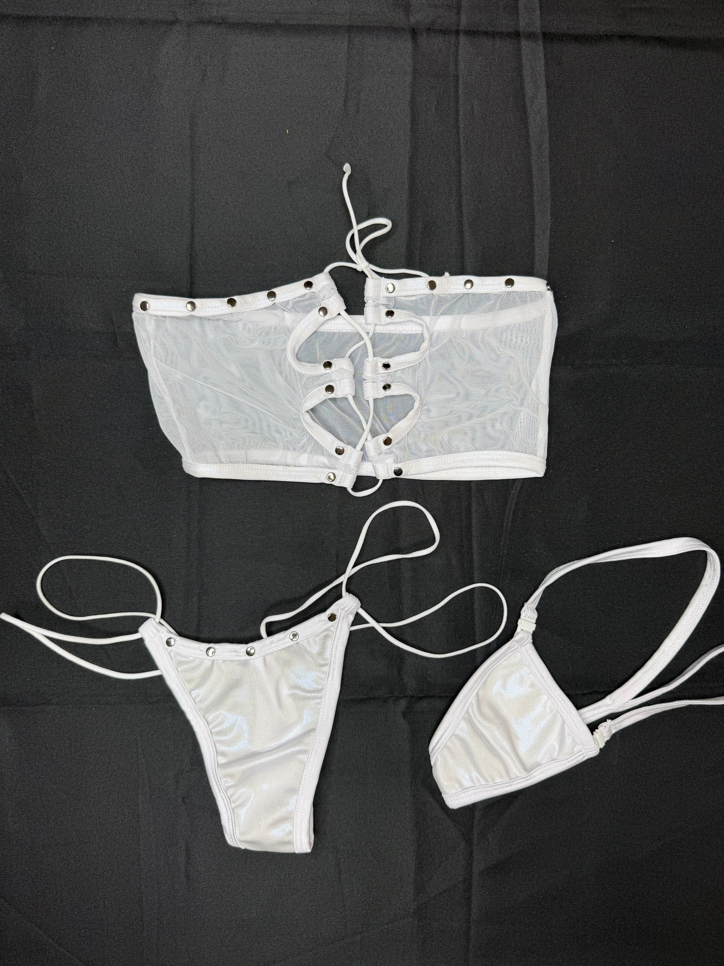 White Mesh/Metallic White Spandex Tube Top/Thongs Two-Piece Lingerie Outfit