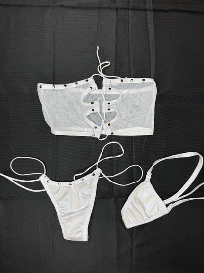 White Mesh/Metallic White Spandex Tube Top/Thongs Two-Piece Lingerie Outfit