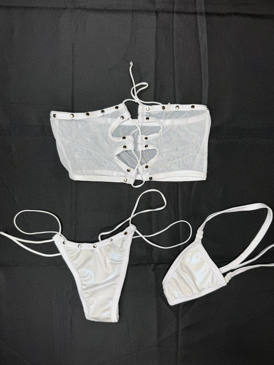 White Mesh/Metallic White Spandex Tube Top/Thongs Two-Piece Lingerie Outfit