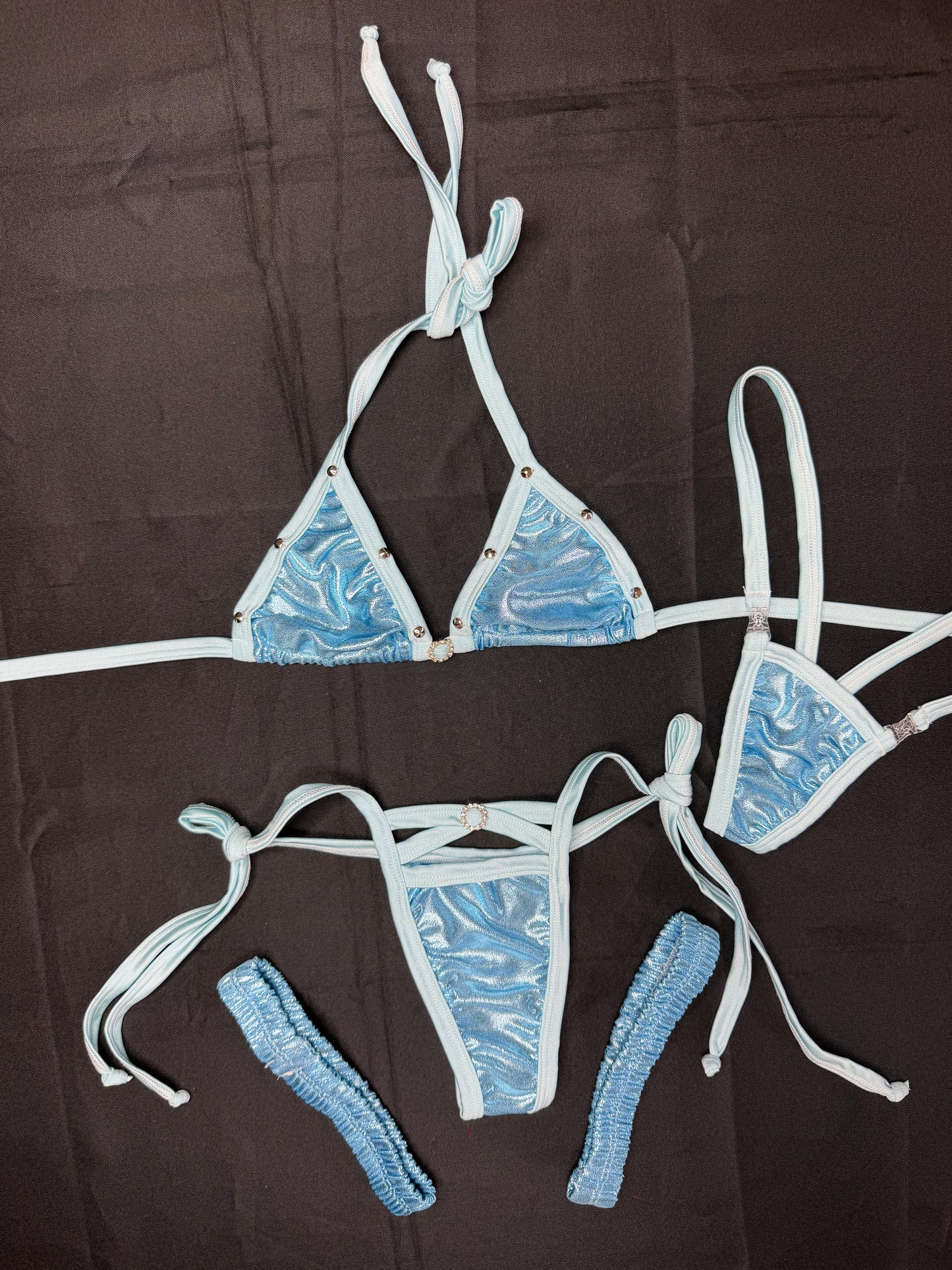 Metallic Baby Blue/Baby Blue Spandex Two-Piece Bikini Garters Lingerie Outfit