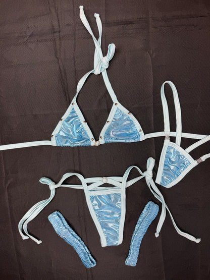 Metallic Baby Blue/Baby Blue Spandex Two-Piece Bikini Garters Lingerie Outfit
