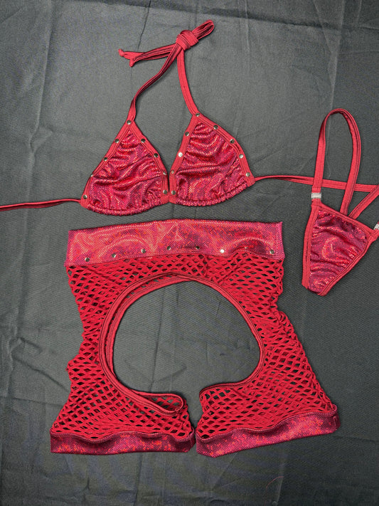 Burgundy Fishnet/Spandex Bikini Top/Chaps Shorts Lingerie Outfit