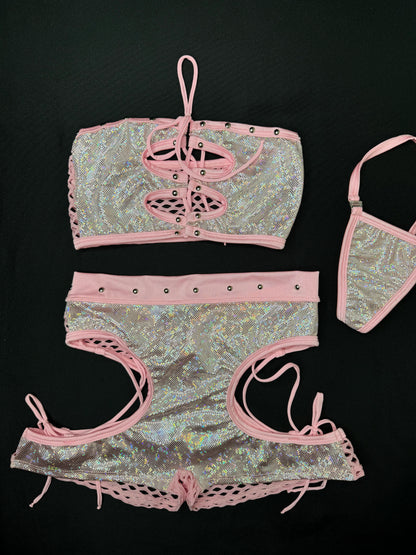 Metallic Silver/Baby Pink Tube Top/Shorts Two-Piece Lingerie Outfit