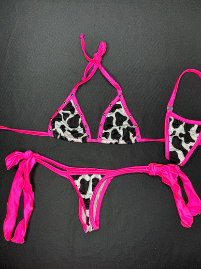 Cow Print/Hot Pink Two-Piece Side-Tie Bikini Lingerie Outfit