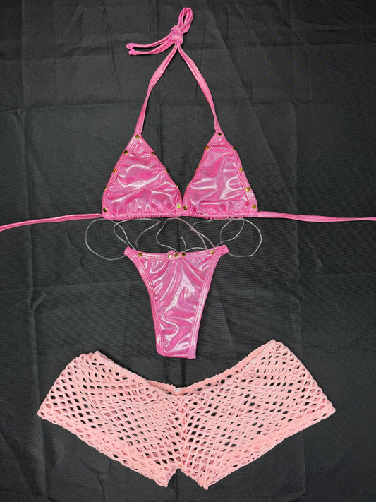 Metallic Hot Pink/Fuchsia/Orange Spandex Three-Piece Lingerie Outfit