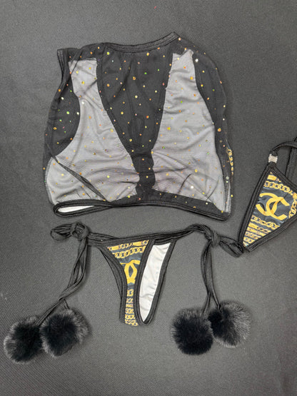 Black/Gold Chain Spandex Black Fur Sleeveless Mesh Top/Side-Tie Bikini Bottoms Lingerie Outfit
