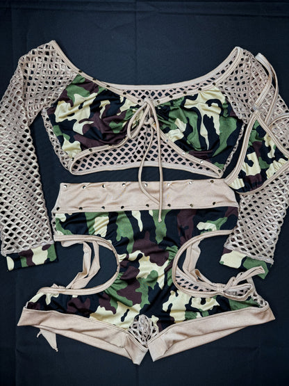 Camouflage/Gold Fishnet Long Sleeve/Shorts Two-Piece Exotic Dancer Outfit