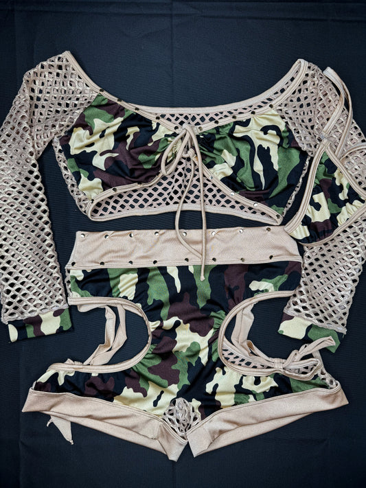 Camouflage/Gold Fishnet Long Sleeve/Shorts Two-Piece Exotic Dancer Outfit