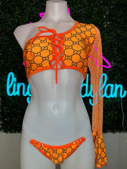 Orange Single Sleeve Two-Piece Stripper Outfit