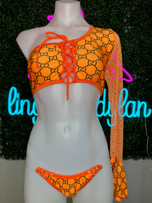 Orange Single Sleeve Two-Piece Stripper Outfit