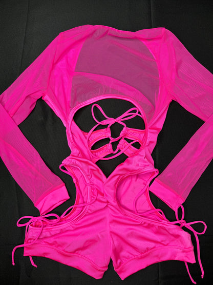 Hot Pink Mesh Bikini Top One-Piece Romper Lingerie Outfit