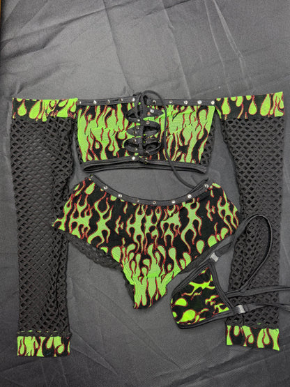 Green Flame Mesh Long Sleeve Tube Top/Shorts Two-Piece Lingerie Outfit