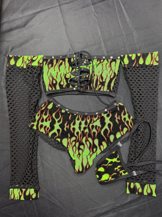 Green Flame Mesh Long Sleeve Tube Top/Shorts Two-Piece Lingerie Outfit