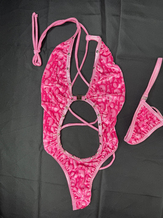 Hot Pink VELVET One-Piece Lingerie Outfit