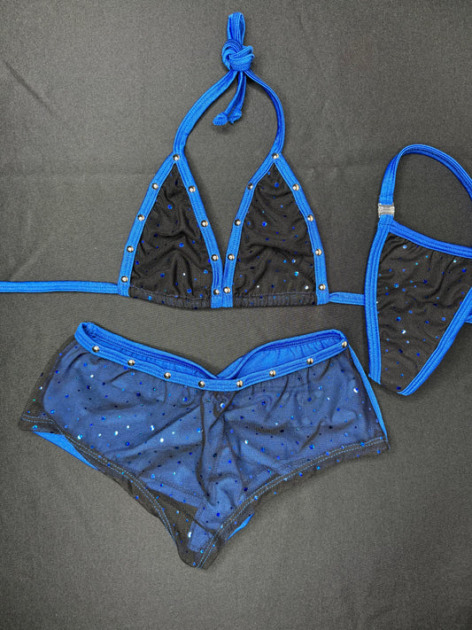 Black Mesh/Royal Blue Two-Piece Cheeky Shorts Lingerie Outfit