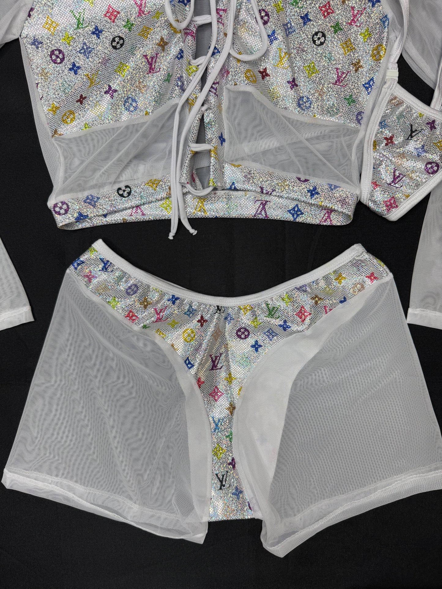 White Mesh/White Designer Spandex Two-Piece Lingerie Outfit
