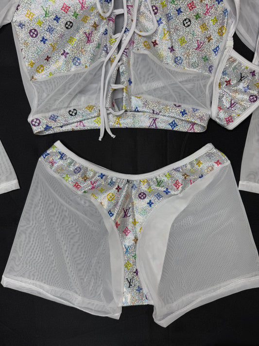 White Mesh/White Designer Spandex Two-Piece Lingerie Outfit