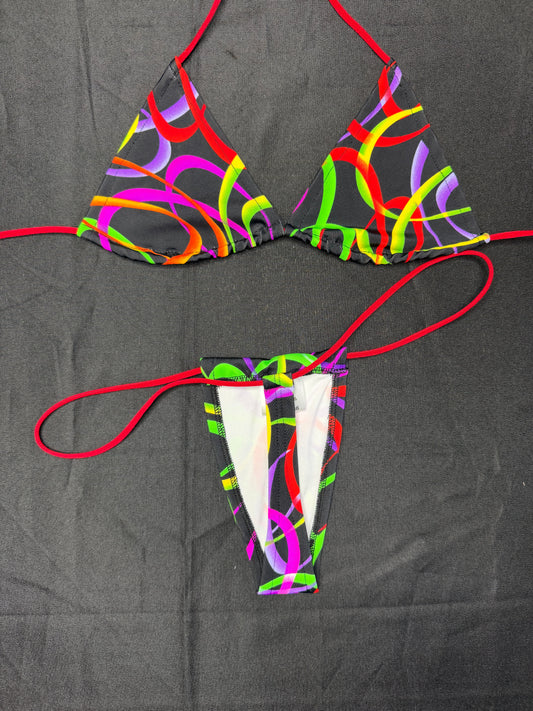 Multi Color/Red Spandex Two-Piece Micro Bikini Lingerie Outfit