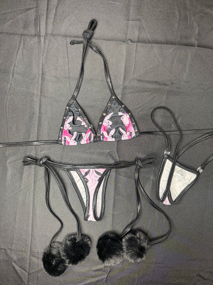 Black Bunny Spandex/Faux Fur Two-Piece Bikini Lingerie Outfit