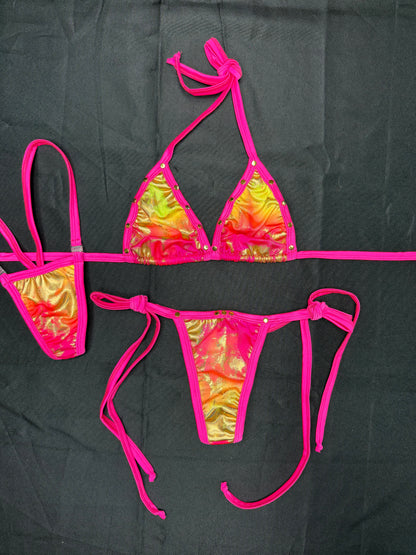 Hot Pink/Yellow Spandex Two-Piece Bikini Lingerie Outfit