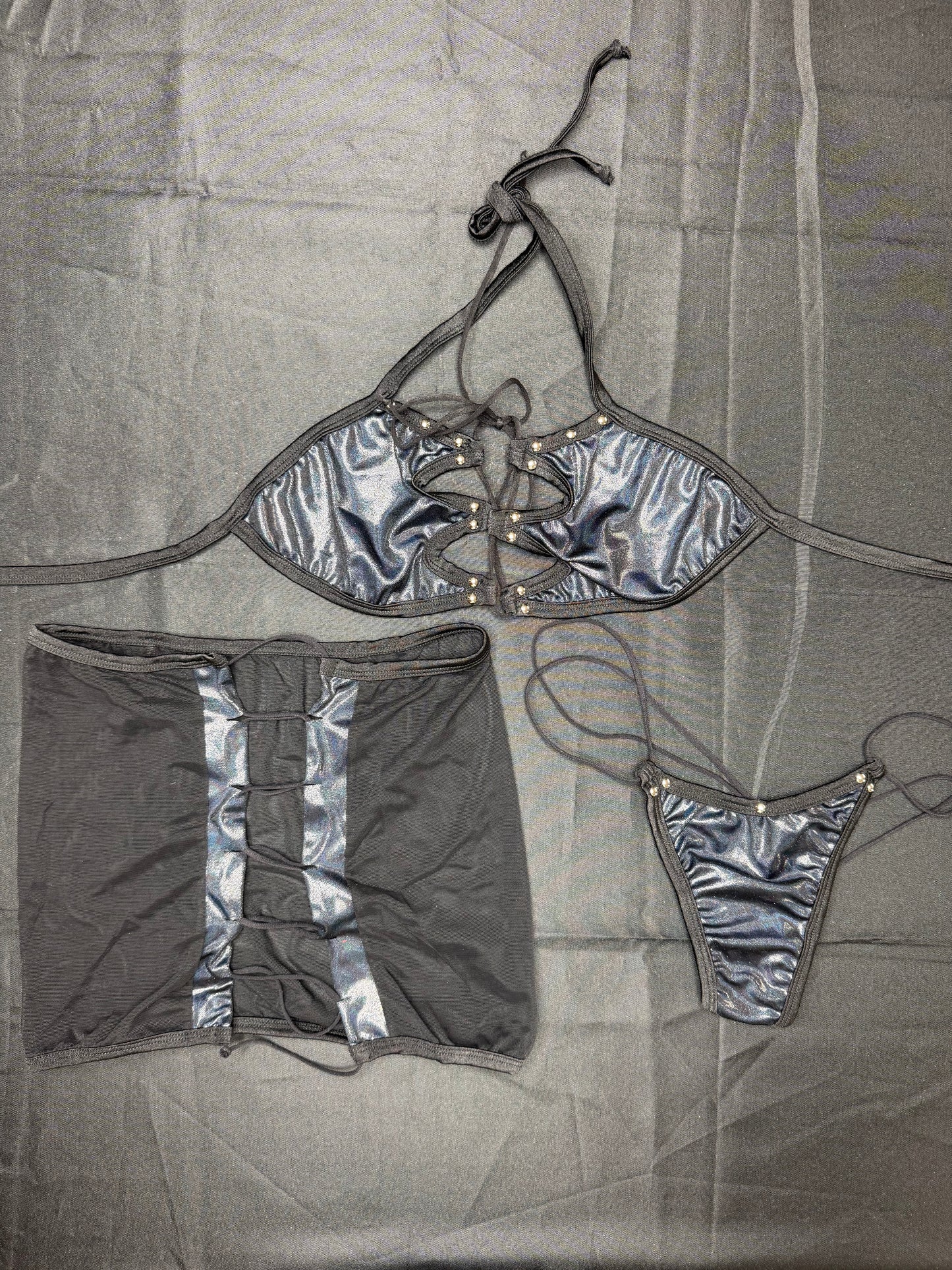 Metallic Black/Black Mesh Bikini Top/Thong & Skirt Three-Piece Lingerie Outfit