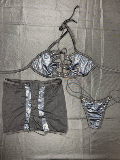 Metallic Black/Black Mesh Bikini Top/Thong & Skirt Three-Piece Lingerie Outfit
