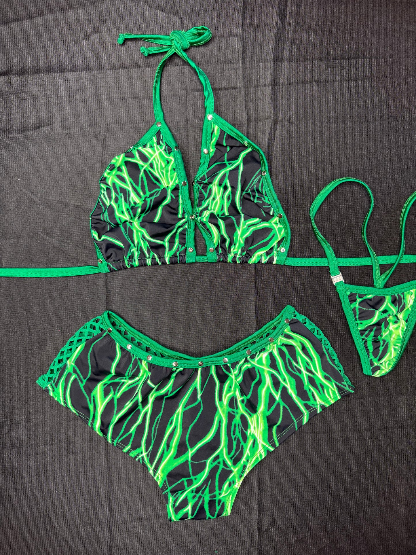 Green Lightning Spandex Two-Piece Shorts Lingerie Outfit