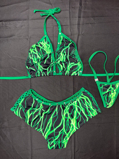 Green Lightning Spandex Two-Piece Shorts Lingerie Outfit