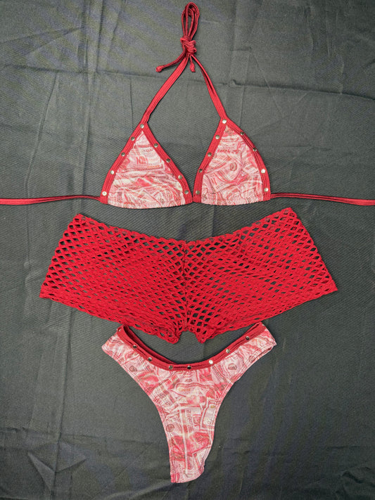 Money Print/Burgundy Fishnet Spandex Bikini Top/Burgundy Fishnet Shorts Three-Piece Lingerie Outfit