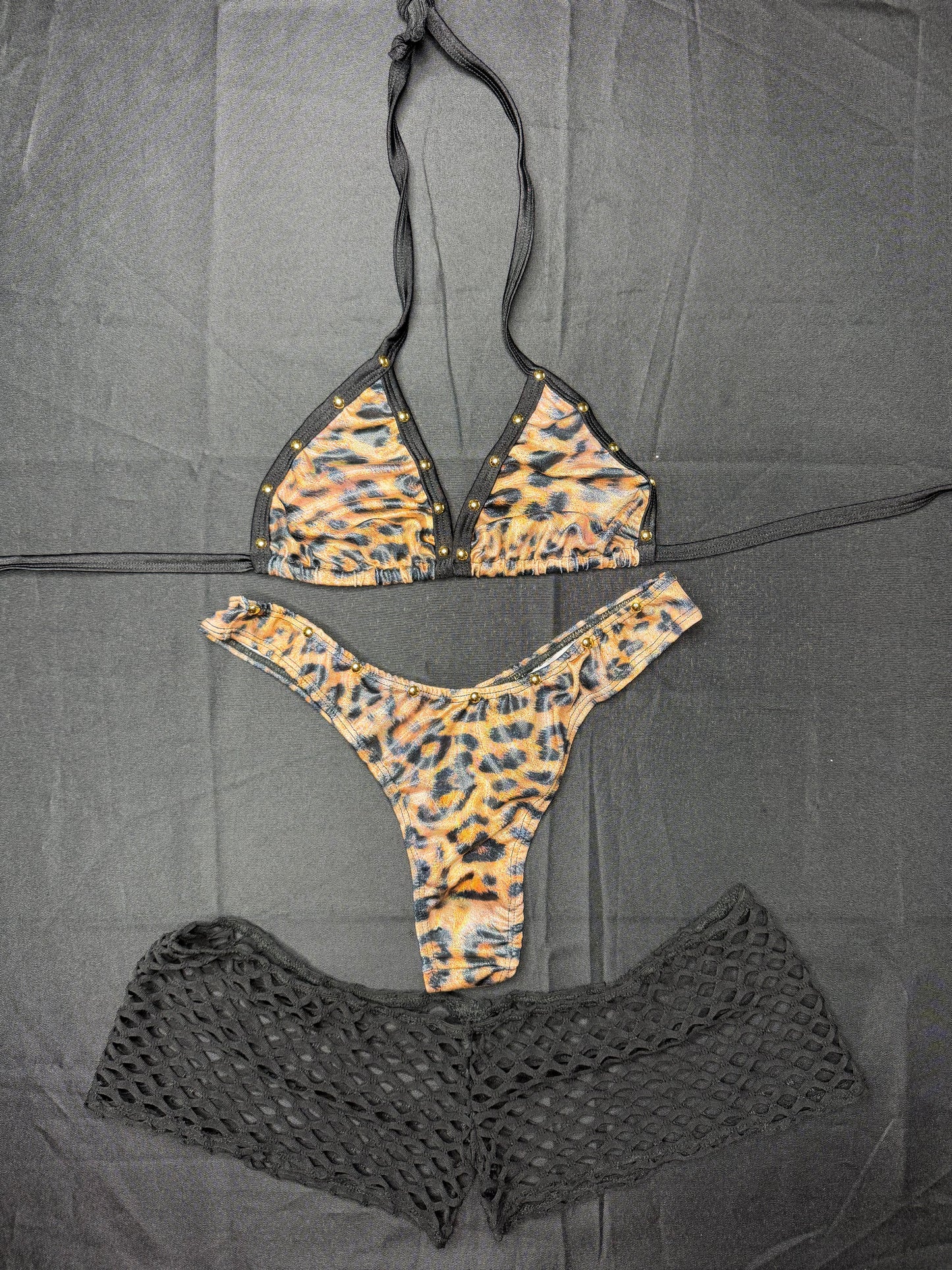 Cheetah Animal Print Three-Piece Bikini Top/Shorts/Cheeky Thong Lingerie Outfit