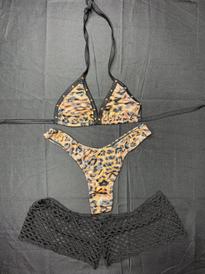 Cheetah Animal Print Three-Piece Bikini Top/Shorts/Cheeky Thong Lingerie Outfit