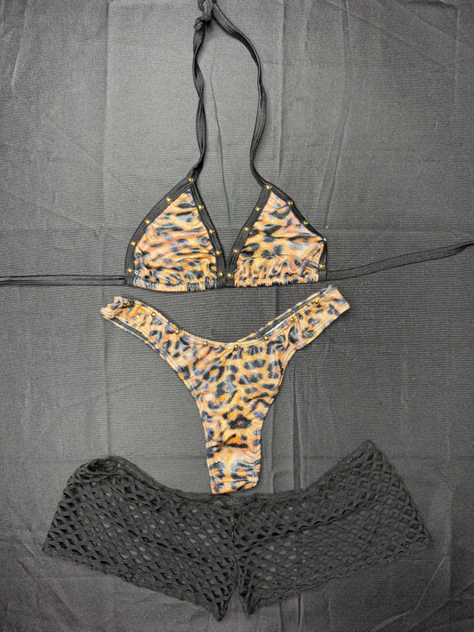 Cheetah Animal Print Three-Piece Bikini Top/Shorts/Cheeky Thong Lingerie Outfit