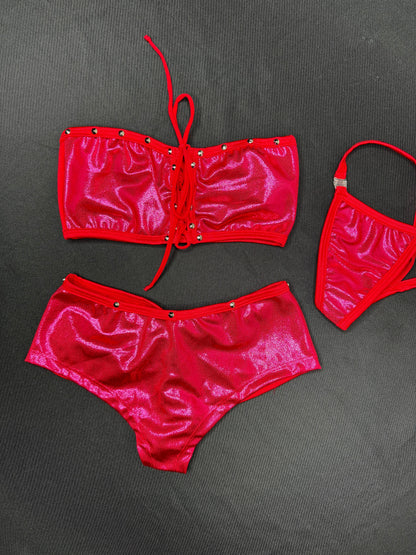 Metallic Red Tube Top/Shorts Two-Piece Lingerie Outfit