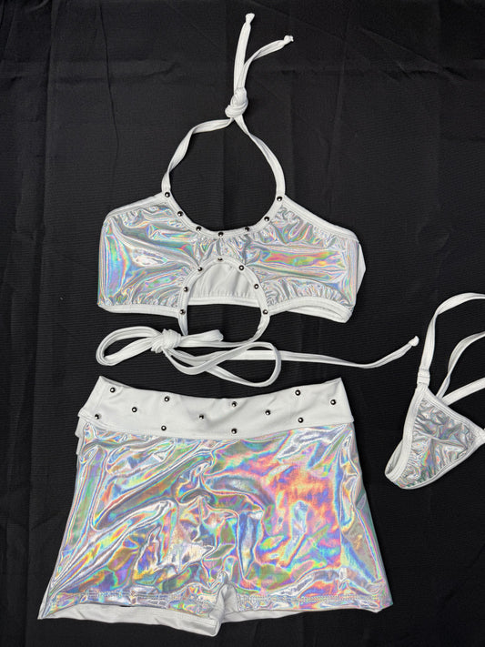 Chrome/White Spandex Ripped Shorts Sports Bra Top Lingerie Outfit