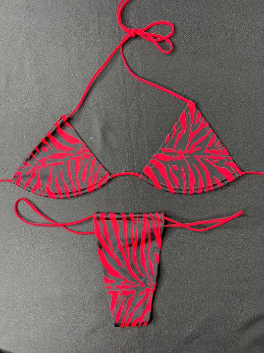 Red Tiger Print Two-Piece Micro Bikini Lingerie Outfit