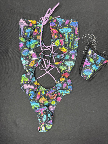 Mushroom Print Spandex One-Piece Lingerie Outfit