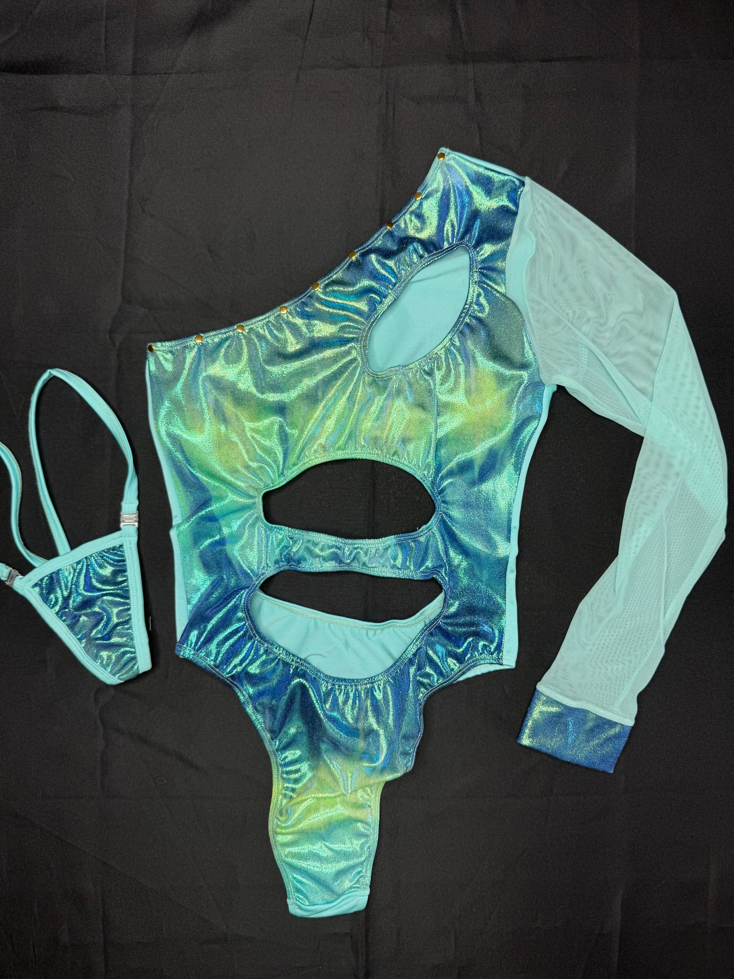Cyan/Blue Spandex Single Sleeve Leotard Lingerie Outfit