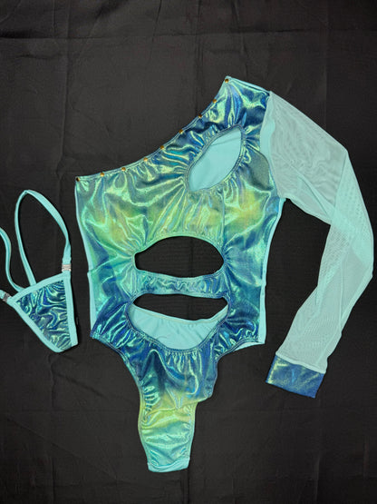 Cyan/Blue Spandex Single Sleeve Leotard Lingerie Outfit