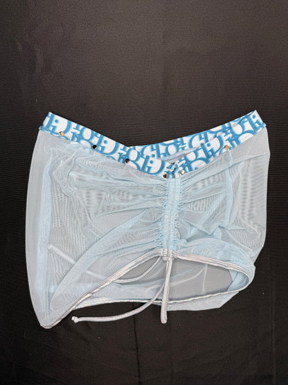 Baby Blue Designer Spandex/Mesh Three Piece Sling Shot/Skirt Lingerie Combo