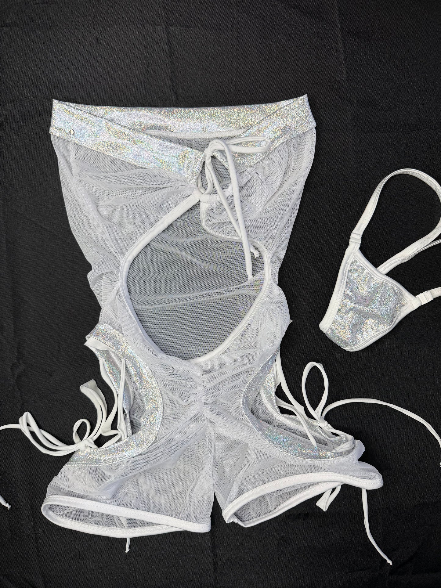 Metallic Silver Spandex/White Mesh One-Piece Lingerie Outfit