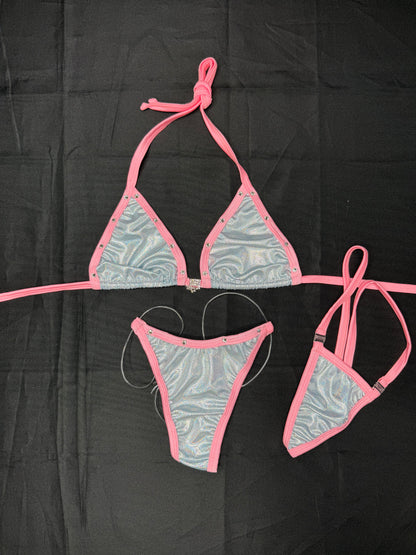 Metallic Lavender/Baby Pink Spandex Two-Piece Bikini Lingerie Outfit