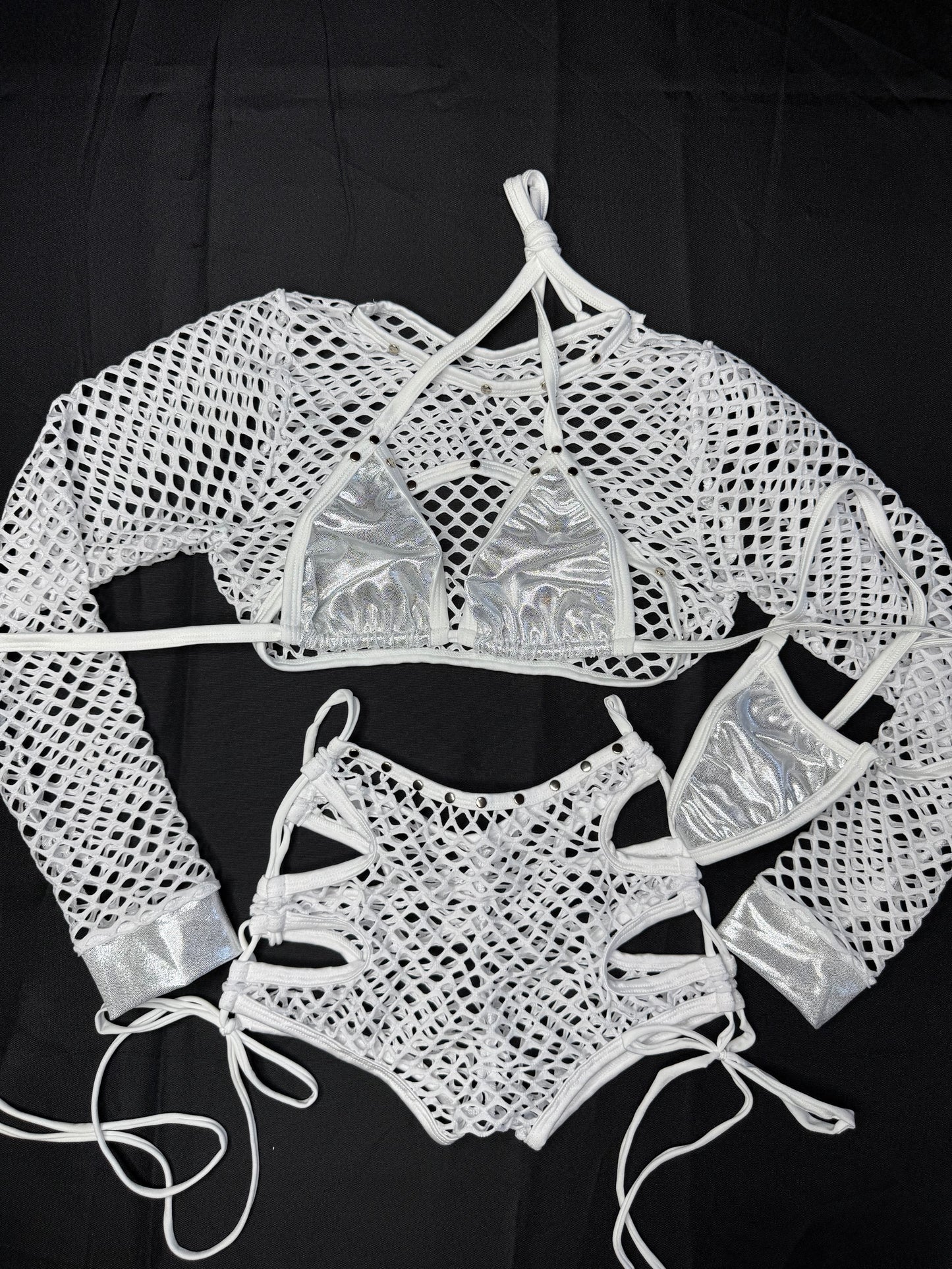 Silver Spandex/White Fishnet Three-Piece Lingerie Outfit