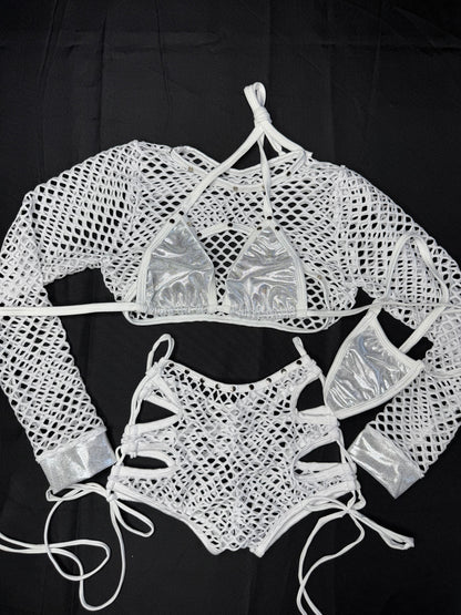 Silver Spandex/White Fishnet Three-Piece Lingerie Outfit