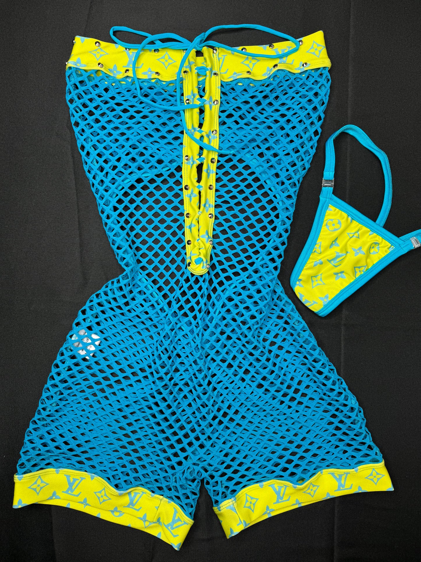 Yellow/Turquoise Fishnet One-Piece Exotic Dancer Outfit – Lingeriebydylan