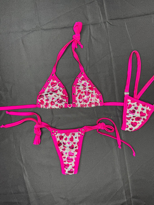 Heart Print Spandex Two-Piece Bikini Lingerie Outfit