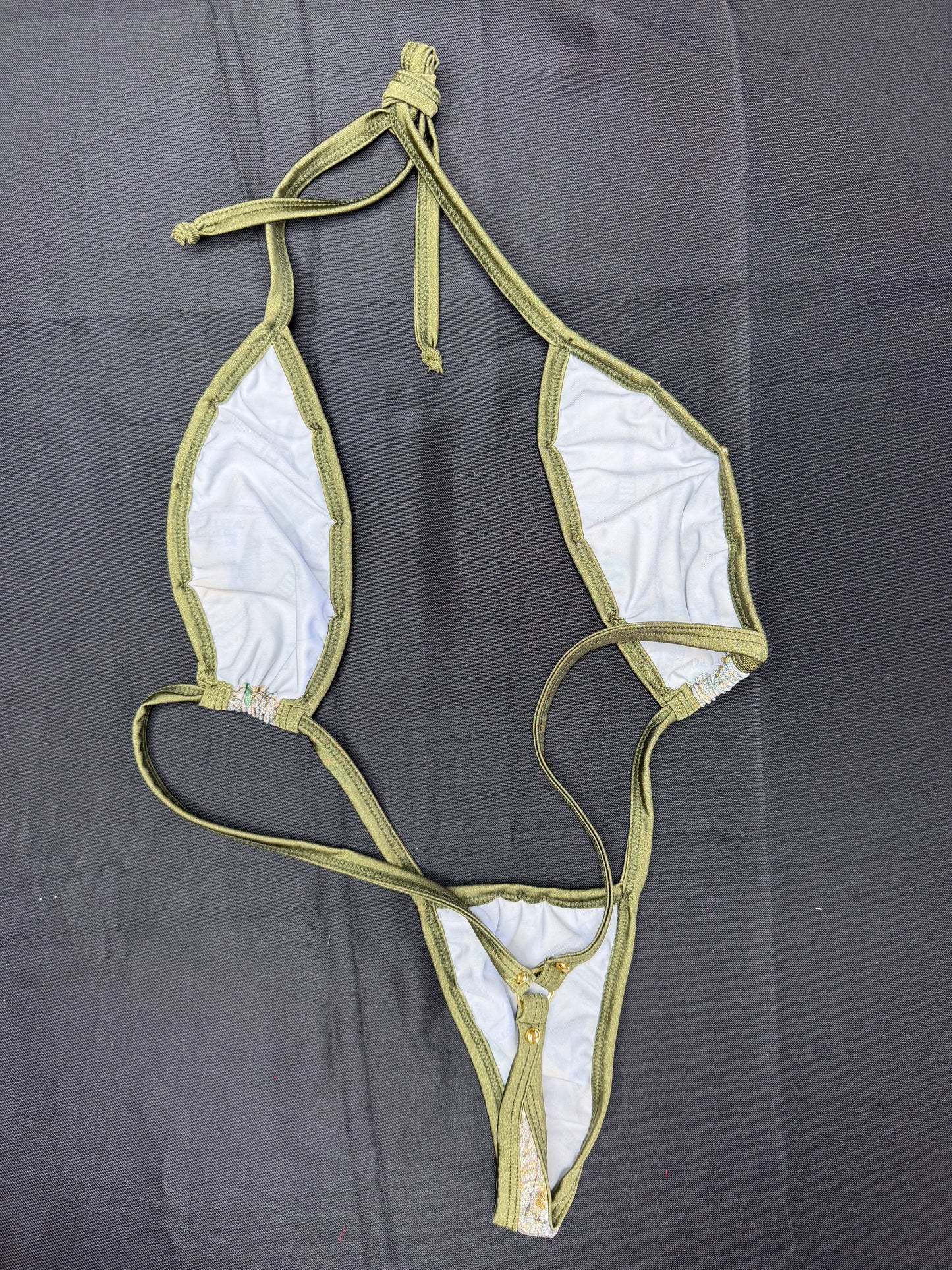 Holographic Money Print/Green Spandex One-Piece Sling-Shot Lingerie Outfit