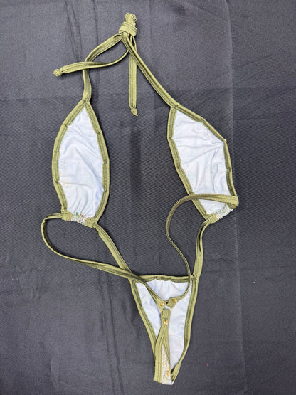 Holographic Money Print/Green Spandex One-Piece Sling-Shot Lingerie Outfit