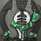 Green Thunder Print/Black Fishnet One-Piece Bartender Romper Outfit