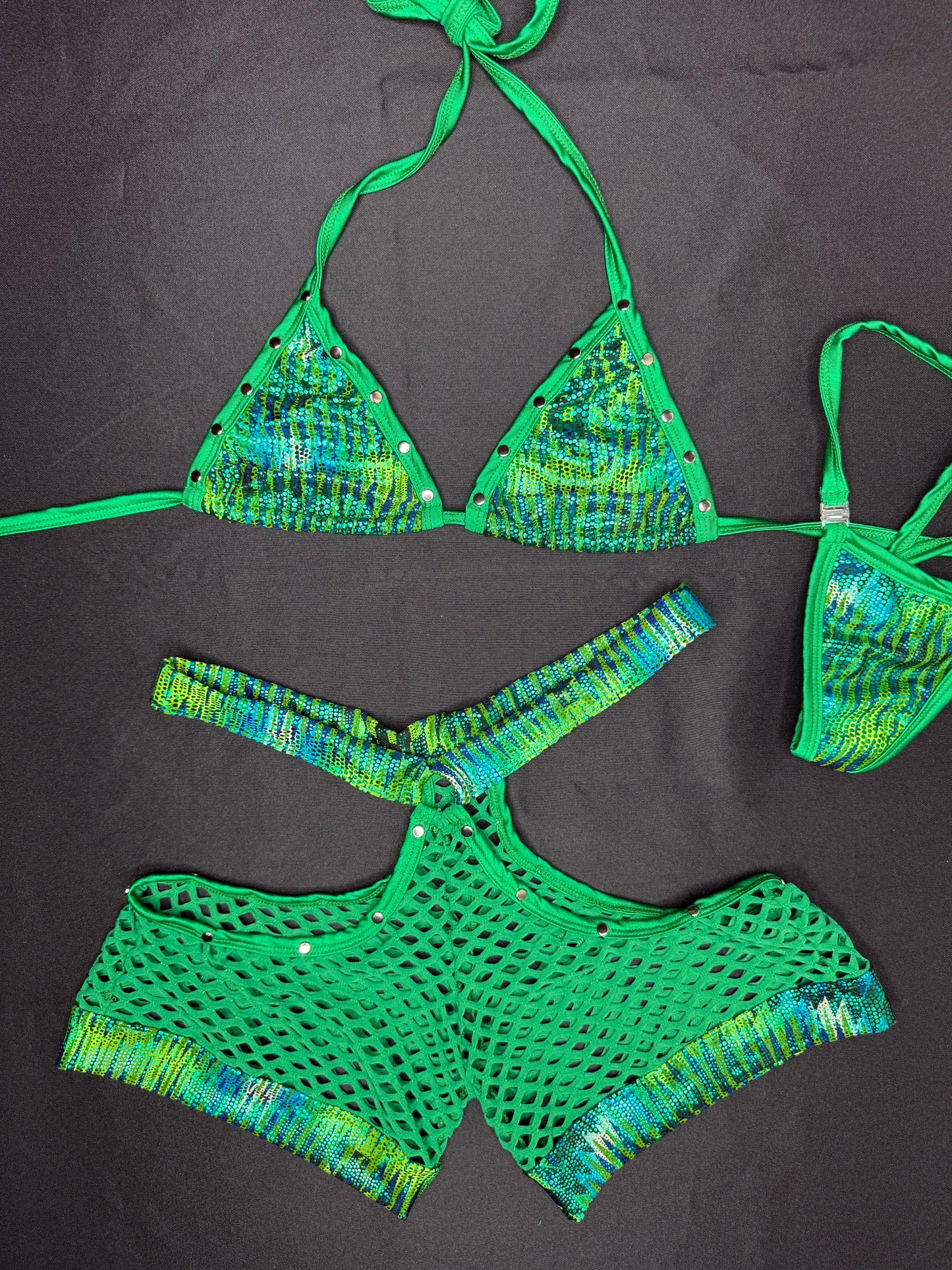 Metallic Green/Fishnet Green Bikini Top/Shorts Two-Piece Lingerie Outfit