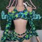Cosmic Green Spandex Sleeves Sports Bra & Skirt Three Piece Lingerie Outfit